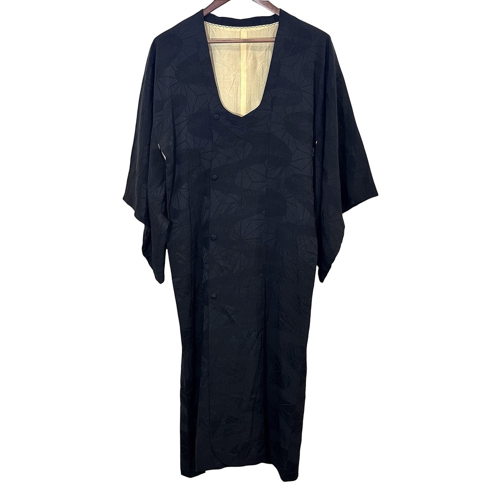 Vintage Kimono Jacket Haori Style Black Jacquard Gold Accent Robe Asian Inspired